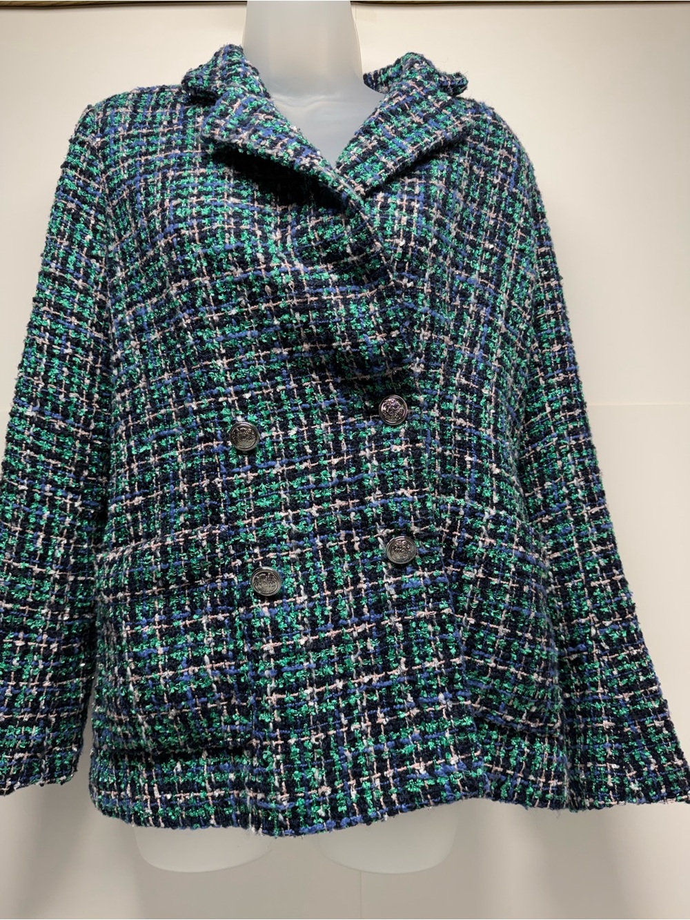 Rachel Zoe Navy & Green Tweed Double-Breasted Blazer Jacket